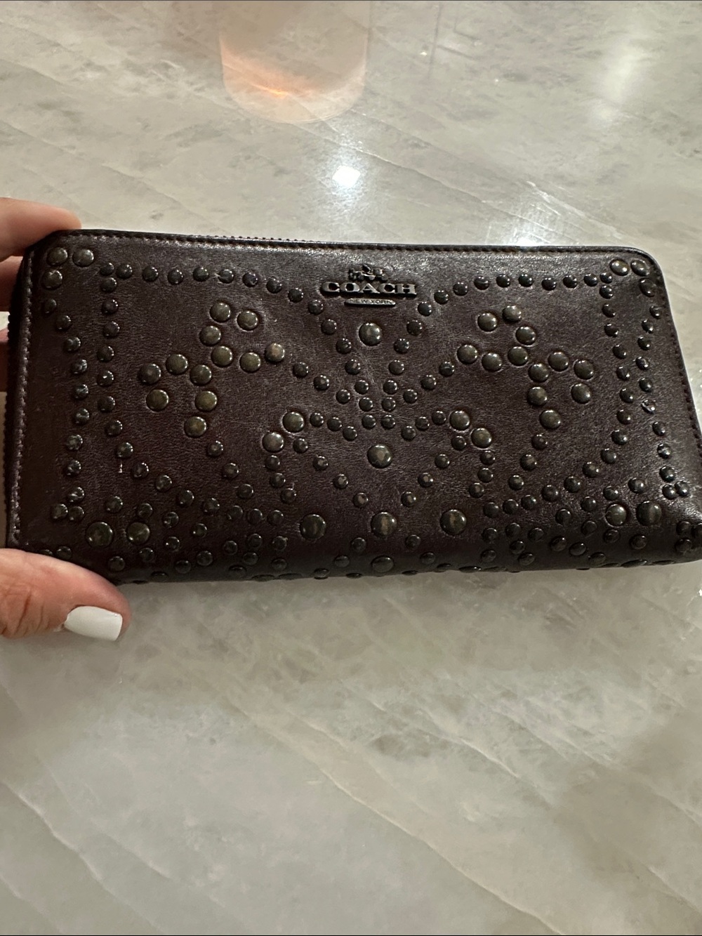 COACH Brown Studded Zip-Around Leather Wallet